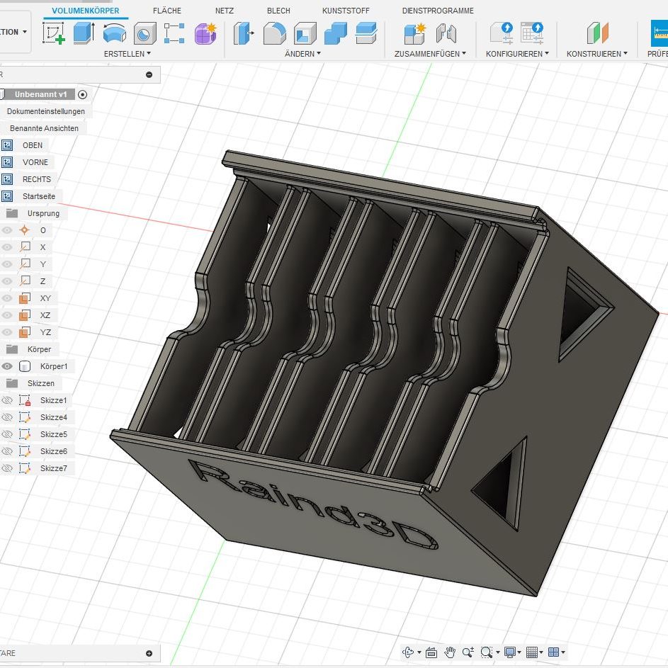 Modell eines 3D-gedruckten Teiler mit mehreren Fächern.